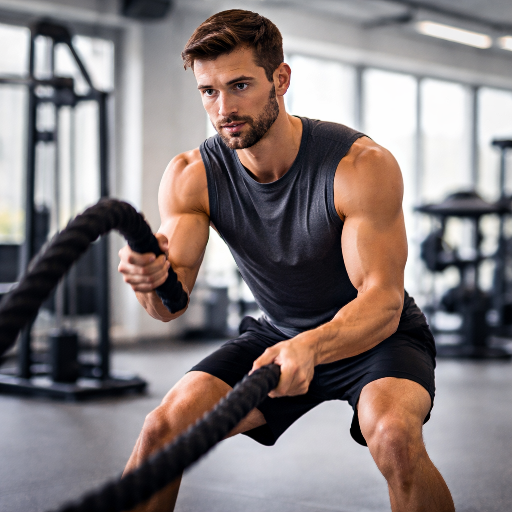Fit man doing intense gym workout for sports performance and strength