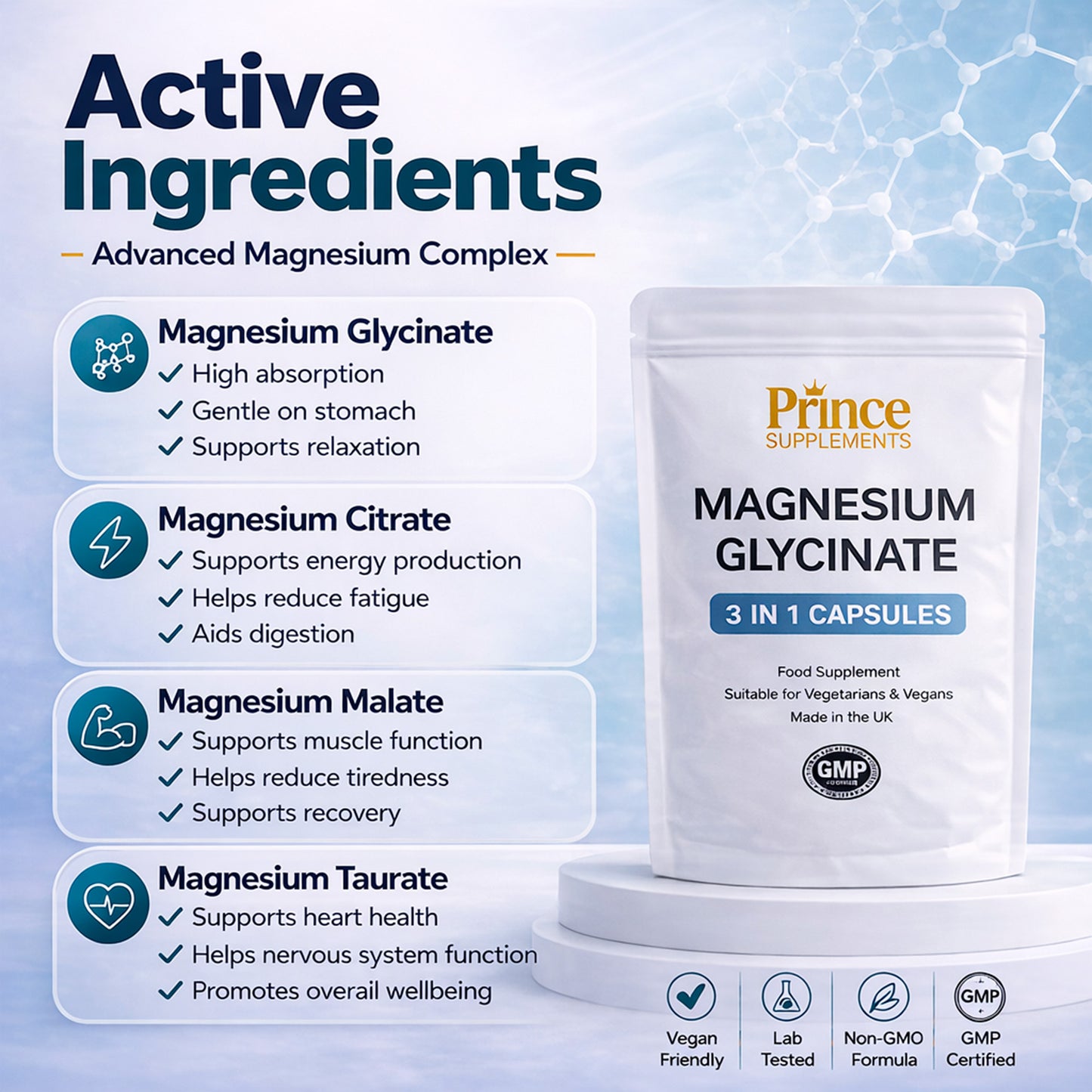 Magnesium Glycinate Capsules 3-in-1 Complex – High Absorption, Energy & Muscle Support
