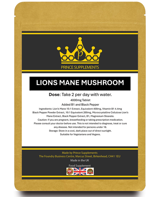 LIONS MANE SUPPLEMENT 4000MG WITH BLACK PEPPER + B1 VEGAN TABLETS